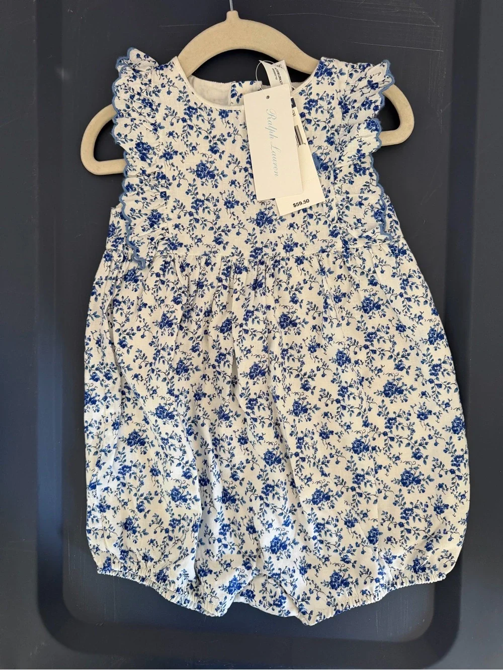 Ralph Lauren White and Blue Floral Ruffle Baby Romper